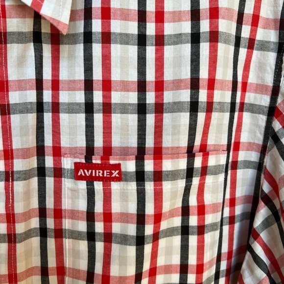 Avirex L Shirt Button Up Red Black Plaid Check Short Sleeve Classic Academia - Picture 3 of 7